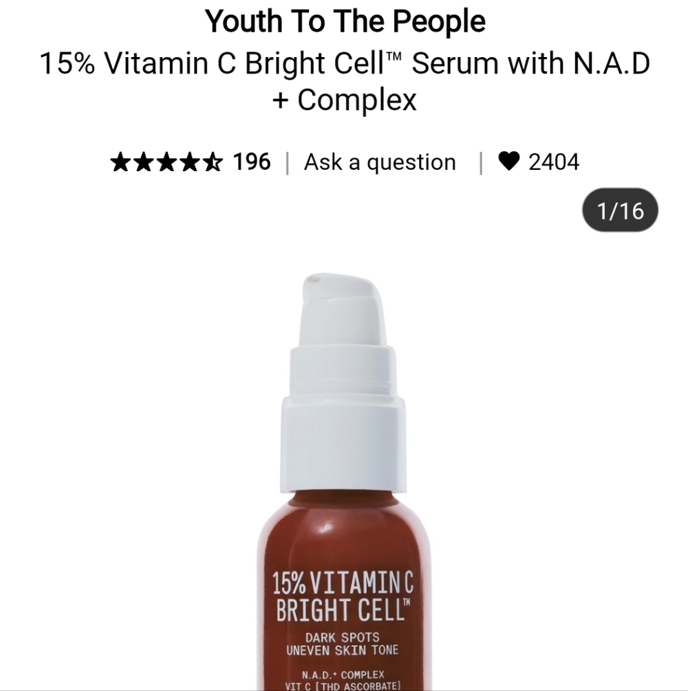 NIB YOUTH TO THE PEOPLE 15% VITAMIN C BRIGHT CELL SERUM